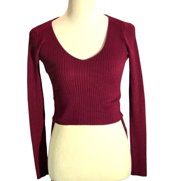 Ambience Burgundy Ribbed Crop Top Women’s M Long Sleeve Side Grommets & Ties - Picture 1 of 12